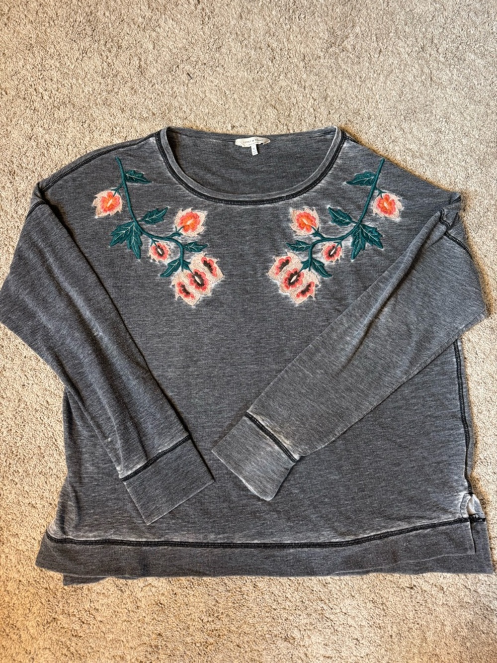 Lucky Brand Gray Knit Floral Embroidered Top Size XL